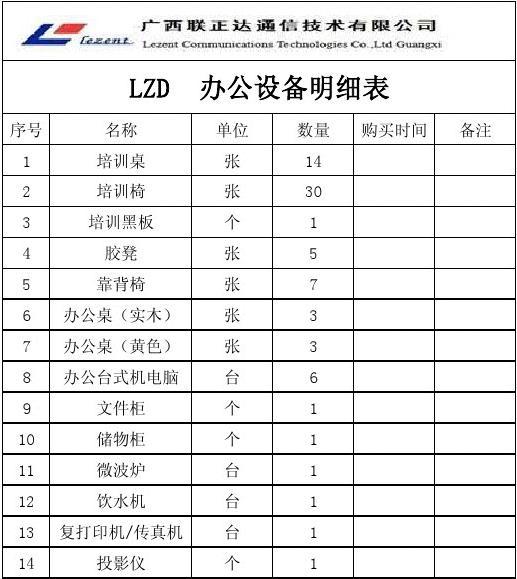 办公设备明细表